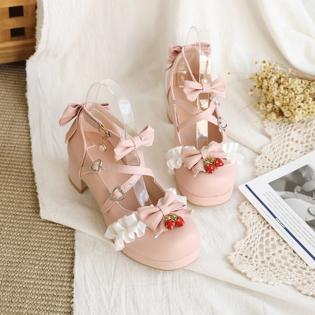 Japońskie Lolita - różowe buty Mary Jane na kostkę z kokardką, ozdobione kwiatowymi falbankami (bez rozmiaru 48) - Wianko - 26