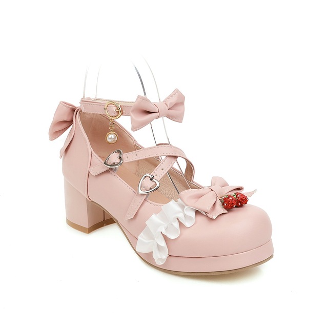 Japońskie Lolita - różowe buty Mary Jane na kostkę z kokardką, ozdobione kwiatowymi falbankami (bez rozmiaru 48) - Wianko - 7