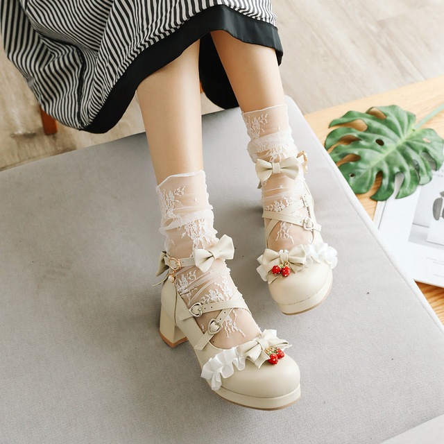 Japońskie Lolita - różowe buty Mary Jane na kostkę z kokardką, ozdobione kwiatowymi falbankami (bez rozmiaru 48) - Wianko - 5