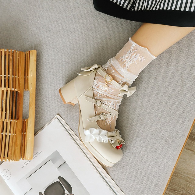 Japońskie Lolita - różowe buty Mary Jane na kostkę z kokardką, ozdobione kwiatowymi falbankami (bez rozmiaru 48) - Wianko - 25