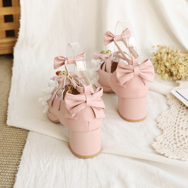 Japońskie Lolita - różowe buty Mary Jane na kostkę z kokardką, ozdobione kwiatowymi falbankami (bez rozmiaru 48) - Wianko - 28