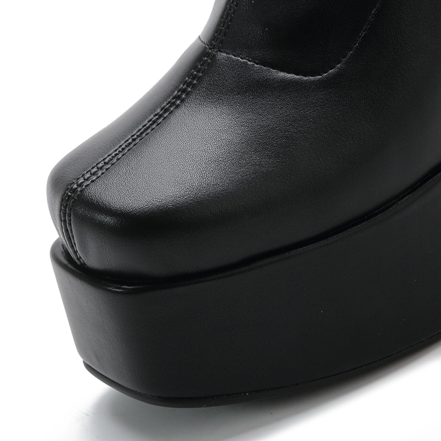 Vintage damskie skórzane platformy na wysokim obcasie, czarne, rozciągliwe, na buty do kolan - długie, w szczupłym plus rozmiarze - Wianko - 15