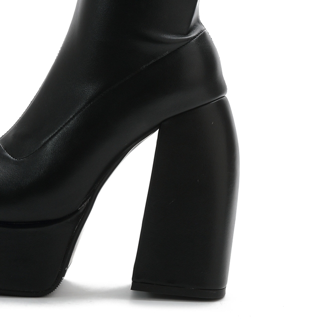 Vintage damskie skórzane platformy na wysokim obcasie, czarne, rozciągliwe, na buty do kolan - długie, w szczupłym plus rozmiarze - Wianko - 16