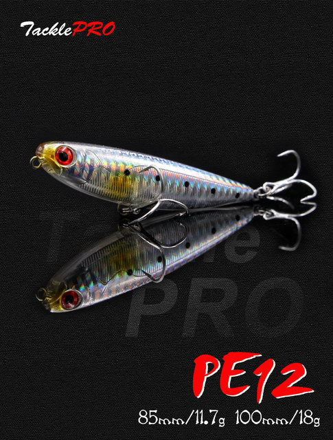 Woblery Topwater TacklePRO PE12 - przynęta do łowienia na powierzchni, idealna do długich rzutów, dla słonowodnych bassów. Dostępne rozmiary: 85mm/100mm. Waga: 11.7g/18g. Wykonana z twardego plastiku, świetnie się prowadzi - Wianko - 1