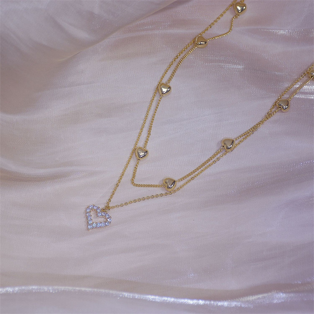 Naszyjnik dwuwarstwowy z wisiorkiem w kształcie serca z kryształami - biżuteria ślubna - Wianko - 5