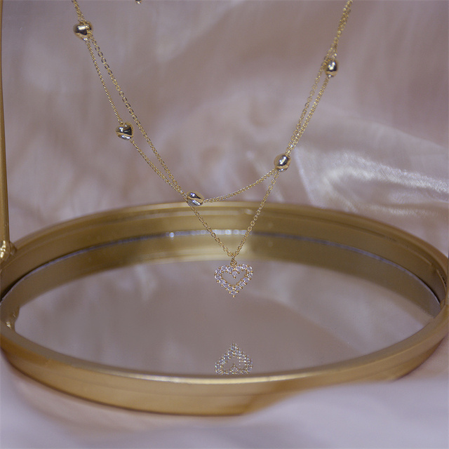 Naszyjnik dwuwarstwowy z wisiorkiem w kształcie serca z kryształami - biżuteria ślubna - Wianko - 4