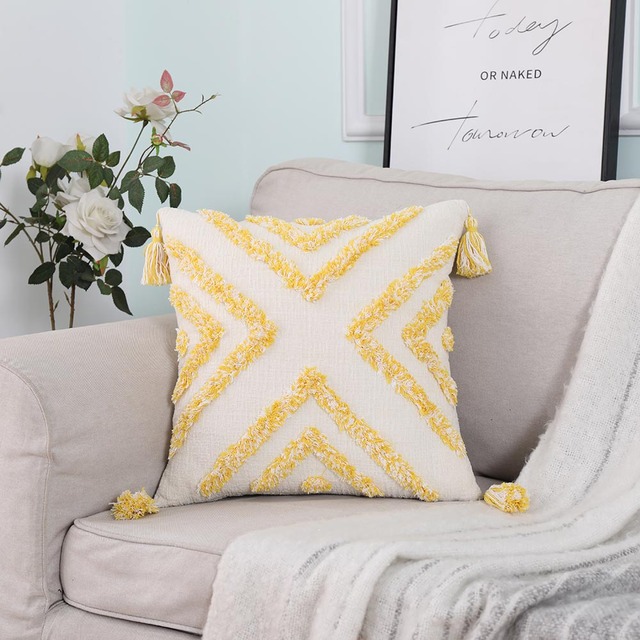 Poszewka Chenille haftowane żółto-szara 45x45 cm - dekoracyjna poszewka na poduszkę w stylu Boho do salonu i domu - Wianko - 46