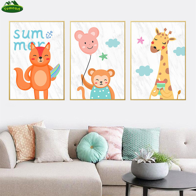 Plakat zwierząt kreskówkowych z dziecięcymi postaciami na płótnie - obraz drukowany z uroczym niedźwiedziem polarnym, jeleniem i małpą jako dekoracja ścienna dla dzieci - Wianko - 5