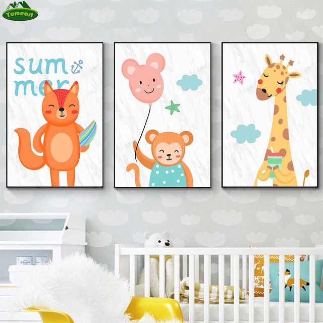 Plakat zwierząt kreskówkowych z dziecięcymi postaciami na płótnie - obraz drukowany z uroczym niedźwiedziem polarnym, jeleniem i małpą jako dekoracja ścienna dla dzieci - Wianko - 2