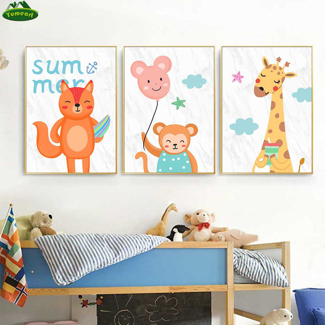 Plakat zwierząt kreskówkowych z dziecięcymi postaciami na płótnie - obraz drukowany z uroczym niedźwiedziem polarnym, jeleniem i małpą jako dekoracja ścienna dla dzieci - Wianko - 3