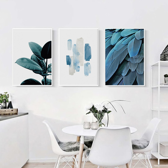 Skandynawska abstrakcyjna malarstwo na płótnie w niebieskim kolorze z minimalistycznym nadrukiem piórka dla wnętrz salonu - Wianko - 3