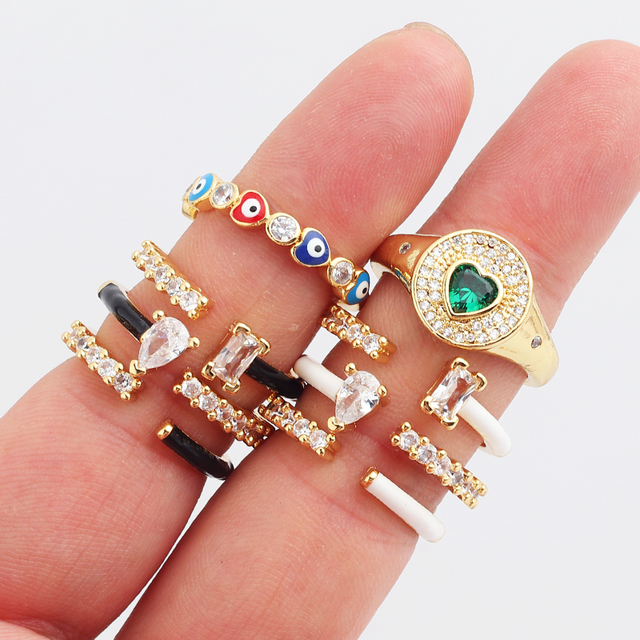 Obrączka ślubna z emalią, kolorowe pierścionki z cyrkonem, biżuteria metalowa dla kobiet - regulowany rozmiar - Wianko - 1