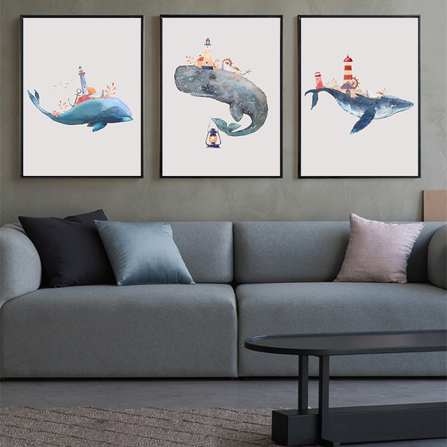 Obraz na płótnie morskie stworzenia - kreskówka Nordic: delfin, wieloryb, rekin - Wianko - 2