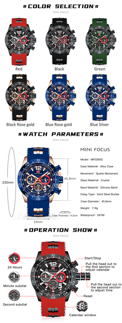 Męski zegarek kwarcowy MINI FOCUS, wodoodporny, chronograf, pasek silikonowy - Wianko - 9