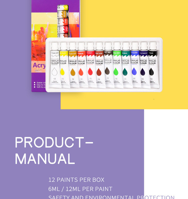 Farby akrylowe do rysowania i malowania artystycznego - 12 kolorów o pojemności 12 ml / 6 ml, pigmentowane, idealne na ściany - dostawa dla artystów DIY - Wianko - 3