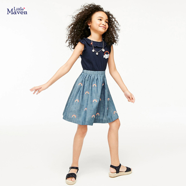 Dziecięca sukienka bez rękawów Little Maven 2021 w kolorze dżinsowym z nadrukiem tęczy i chmur (rozmiar 2-7 lat) - Wianko - 9