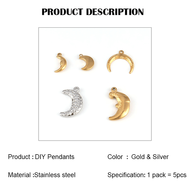 Wisiorek ze stali nierdzewnej w kształcie słodkiego księżyca, 5 sztuk, kolor srebrny i złoty do DIY biżuterii rękodzielniczej - Wianko - 1