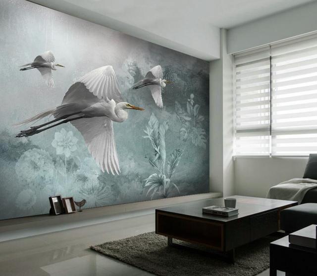 Niestandardowa tapeta 3D Beibehang żurawia i liści do salonu - Wianko - 5