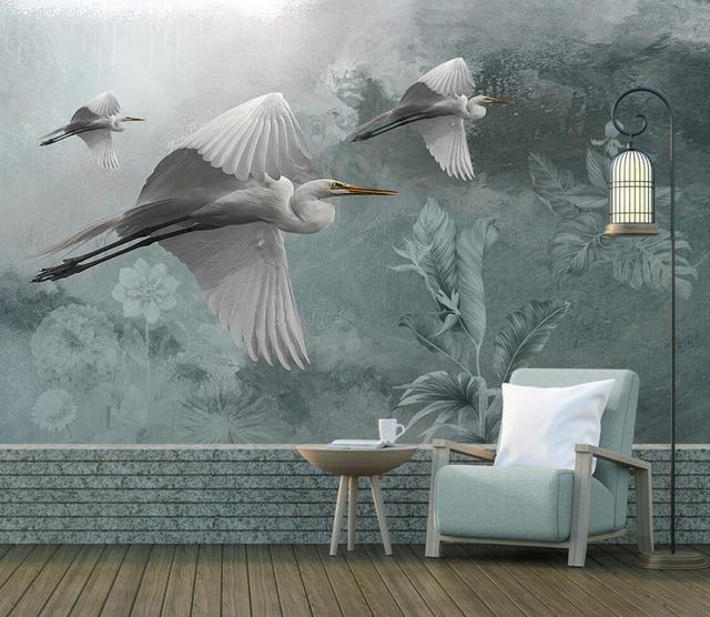 Niestandardowa tapeta 3D Beibehang żurawia i liści do salonu - Wianko - 6