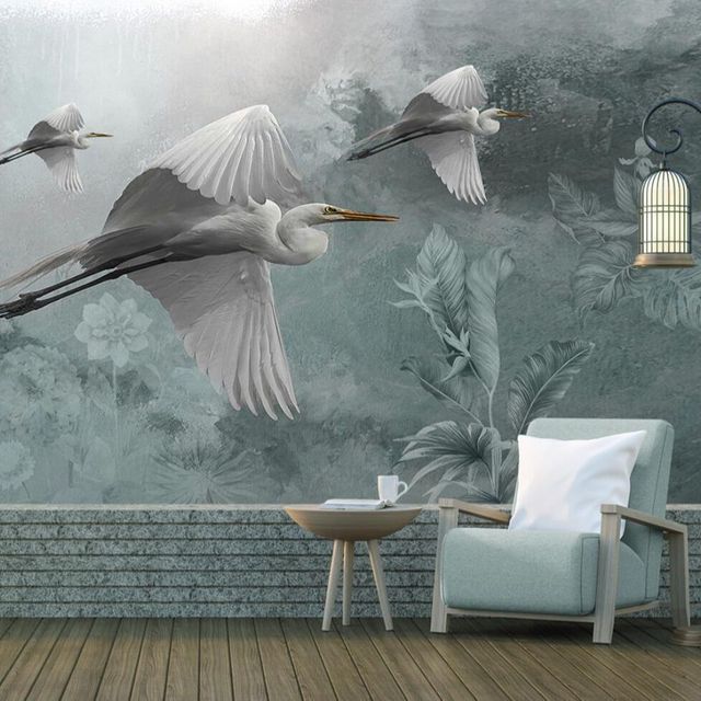 Niestandardowa tapeta 3D Beibehang żurawia i liści do salonu - Wianko - 4