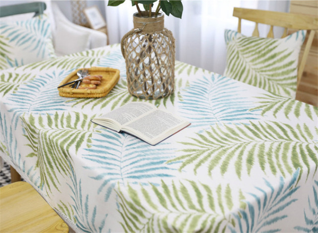 Obrus prostokątny z zielonymi liśćmi koronki i niebieskim wzorem poliester – dekoracja dla domu, na stolik kawowy - Wianko - 4