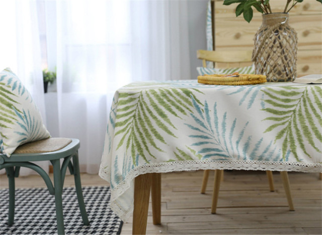 Obrus prostokątny z zielonymi liśćmi koronki i niebieskim wzorem poliester – dekoracja dla domu, na stolik kawowy - Wianko - 2