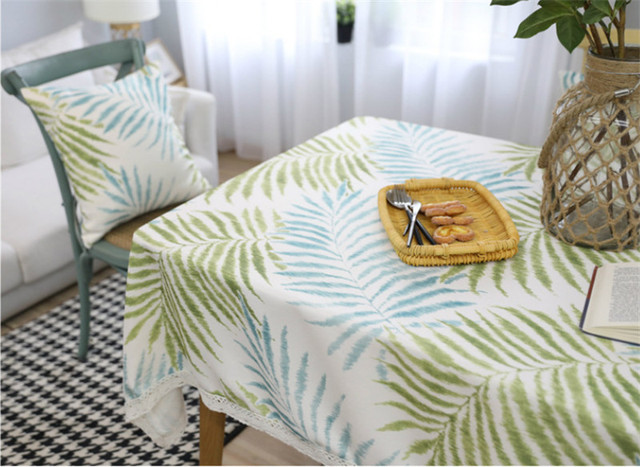 Obrus prostokątny z zielonymi liśćmi koronki i niebieskim wzorem poliester – dekoracja dla domu, na stolik kawowy - Wianko - 5