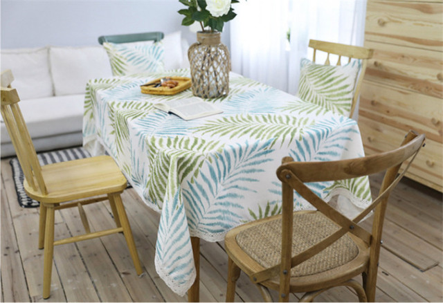 Obrus prostokątny z zielonymi liśćmi koronki i niebieskim wzorem poliester – dekoracja dla domu, na stolik kawowy - Wianko - 1