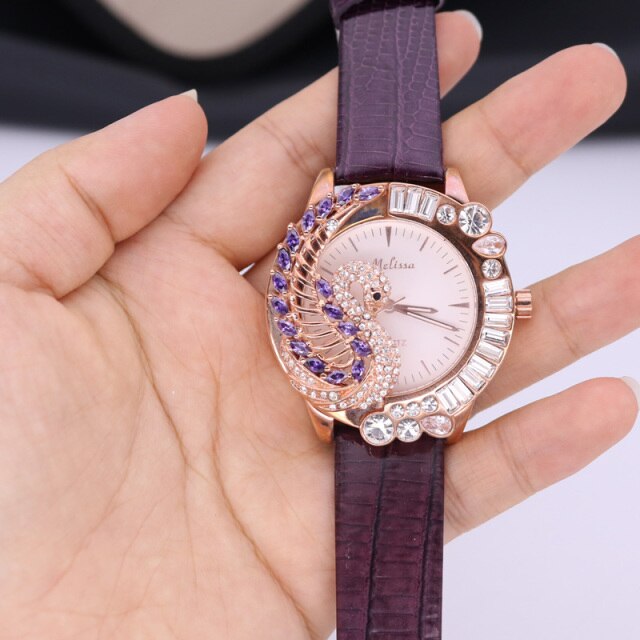 Damski zegarek Melissa łabędź z kryształkami, mechanizm japoński, bransoleta skórzana - Wianko - 16
