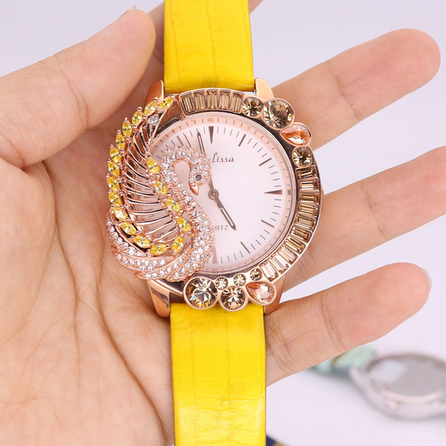 Damski zegarek Melissa łabędź z kryształkami, mechanizm japoński, bransoleta skórzana - Wianko - 31