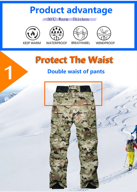 Męskie spodnie narciarskie zimowe, wodoodporne, w kamuflażu, z kieszenią na suwak - Wianko - 5