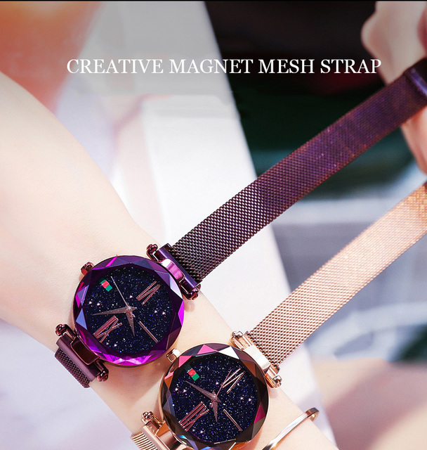 Zegarek damski luksusowy różowe złoto magnes Starry Sky Mesh stalowy kwarcowy wodoodporny - Wianko - 2