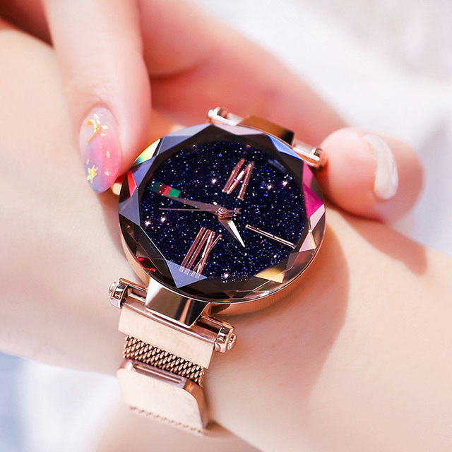 Zegarek damski luksusowy różowe złoto magnes Starry Sky Mesh stalowy kwarcowy wodoodporny - Wianko - 1