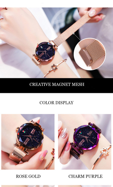 Zegarek damski luksusowy różowe złoto magnes Starry Sky Mesh stalowy kwarcowy wodoodporny - Wianko - 8