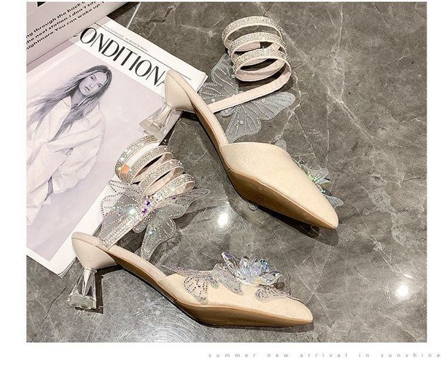 Bajkowe sandały na obcasie damskie 2021 - wszechstronny design wężowego wiklinowego łuku, z diamentowymi zdobieniami i szpiczastymi noskami - Wianko - 9