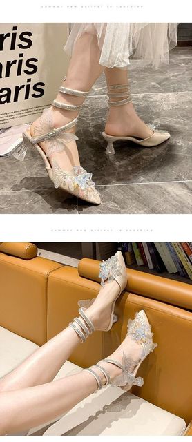 Bajkowe sandały na obcasie damskie 2021 - wszechstronny design wężowego wiklinowego łuku, z diamentowymi zdobieniami i szpiczastymi noskami - Wianko - 8