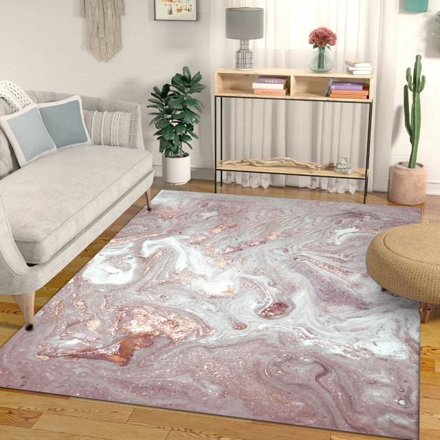 Piękny abstrakcyjny dywan skandynawski w kolorze różowym i białym, pozłacany - do kuchni, salonu i sypialni - Wianko - 1