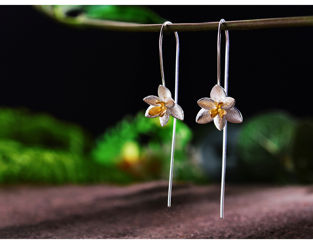 Kolczyki wiszące Lotus w stylu kwiatowym ze srebra 925 ze współczesnym wykończeniem ręcznym - idealne dla kobiet - Wianko - 7