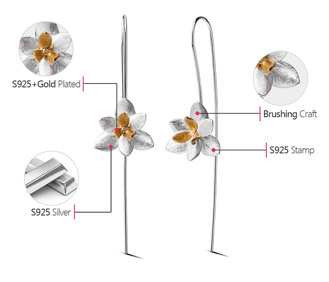 Kolczyki wiszące Lotus w stylu kwiatowym ze srebra 925 ze współczesnym wykończeniem ręcznym - idealne dla kobiet - Wianko - 13