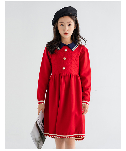 Sukienka z dzianiny dla nastoletniej dziewczyny, idealna na zimę i codzienne stylizacje, w kolorach czerwieni i granatu - Wianko - 19