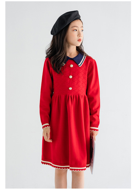 Sukienka z dzianiny dla nastoletniej dziewczyny, idealna na zimę i codzienne stylizacje, w kolorach czerwieni i granatu - Wianko - 20