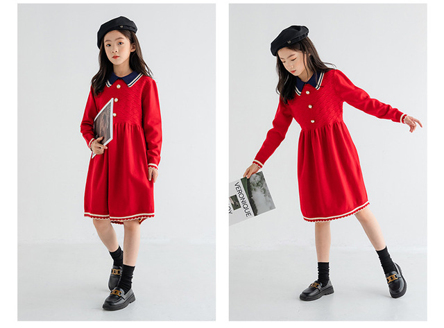 Sukienka z dzianiny dla nastoletniej dziewczyny, idealna na zimę i codzienne stylizacje, w kolorach czerwieni i granatu - Wianko - 21