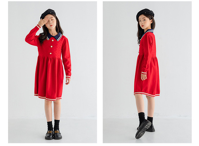Sukienka z dzianiny dla nastoletniej dziewczyny, idealna na zimę i codzienne stylizacje, w kolorach czerwieni i granatu - Wianko - 22