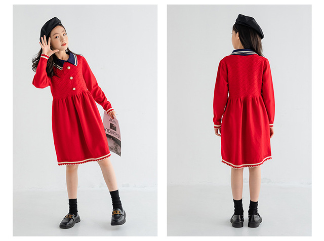 Sukienka z dzianiny dla nastoletniej dziewczyny, idealna na zimę i codzienne stylizacje, w kolorach czerwieni i granatu - Wianko - 17
