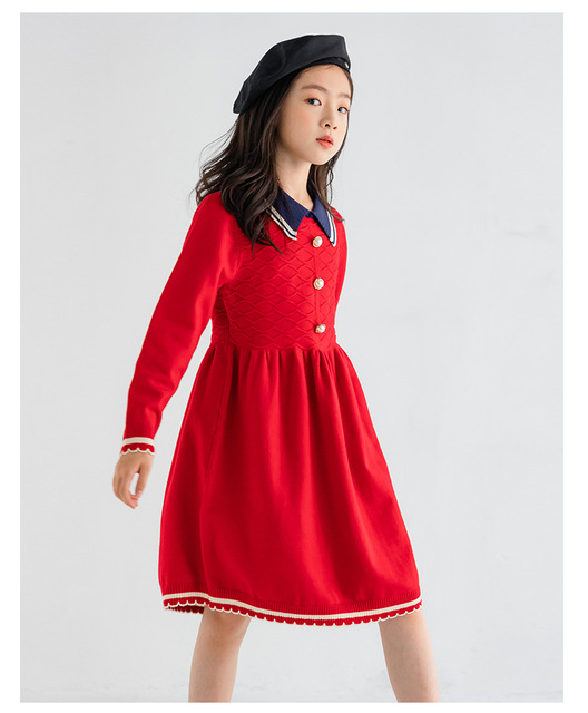 Sukienka z dzianiny dla nastoletniej dziewczyny, idealna na zimę i codzienne stylizacje, w kolorach czerwieni i granatu - Wianko - 18