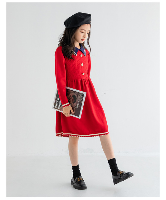 Sukienka z dzianiny dla nastoletniej dziewczyny, idealna na zimę i codzienne stylizacje, w kolorach czerwieni i granatu - Wianko - 15