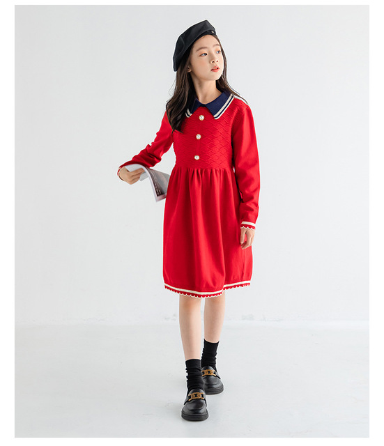 Sukienka z dzianiny dla nastoletniej dziewczyny, idealna na zimę i codzienne stylizacje, w kolorach czerwieni i granatu - Wianko - 16