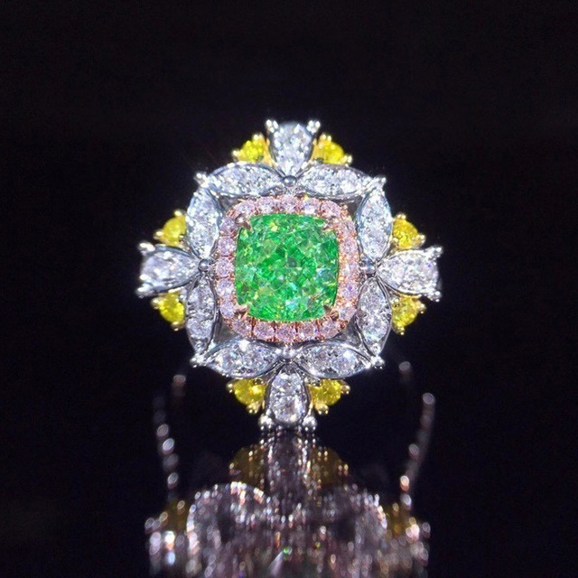 Pierścionek z zielonym kryształem szmaragdowym i diamentem - biżuteria z białego złota lub srebra dla kobiet - Wianko - 9