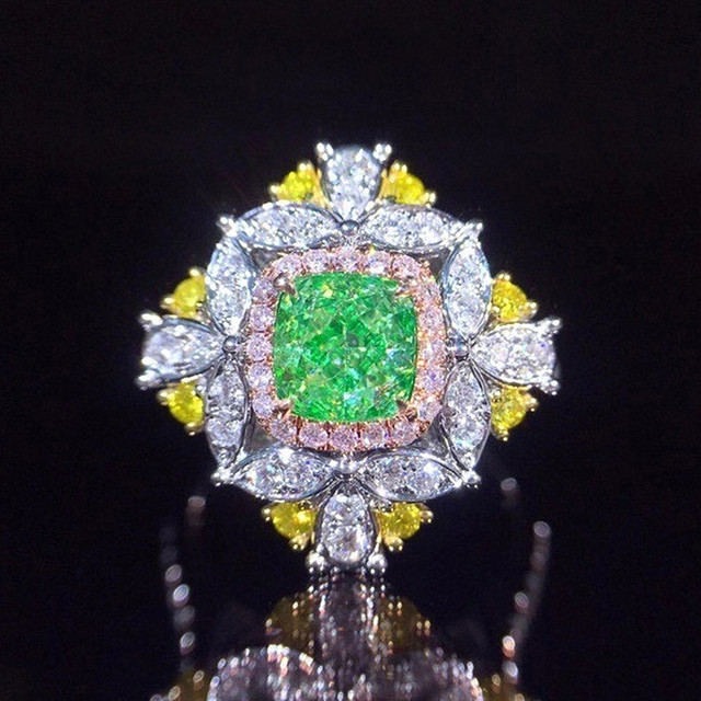 Pierścionek z zielonym kryształem szmaragdowym i diamentem - biżuteria z białego złota lub srebra dla kobiet - Wianko - 2