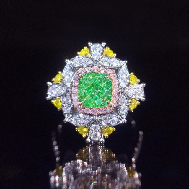 Pierścionek z zielonym kryształem szmaragdowym i diamentem - biżuteria z białego złota lub srebra dla kobiet - Wianko - 7